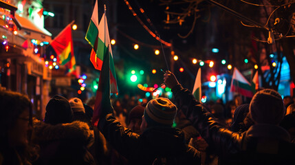Celebrating people with Bulgarian flags joining the Schengen area - obrazy, fototapety, plakaty