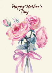 Mother’s Day card with "Happy Mother's Day", pastel pink roses are bundled with ribbon, on light background