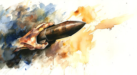 Watercolor painting of a hand refusing a nuclear missile - obrazy, fototapety, plakaty