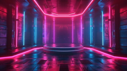 In this background video game, we have esports scifi gaming cyberpunk, virtual reality simulation and metaverse, a scene stand pedestal stage, 3d illustration rendering, and a futuristic neon glow