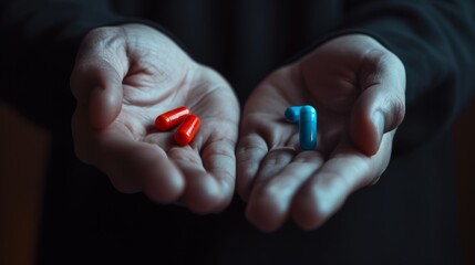 mysterious man give Red and blue pills on two hand isolated on black background,