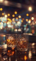 Two whiskey glasses on a bar with warm bokeh lights in the background