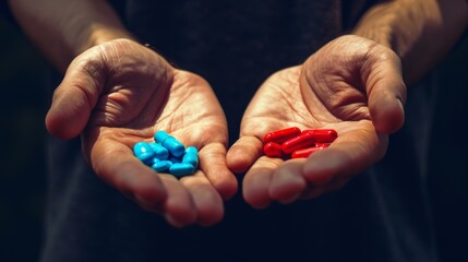 Red and blue pills on hand isolated on black background