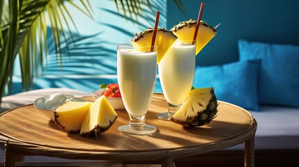 Two refreshing pina colada cocktails on a wooden table with slices of pineapple - obrazy, fototapety, plakaty