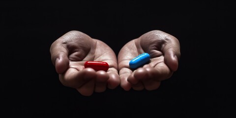 mysterious man give Red and blue pills on two hand isolated on black background,