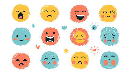 Obraz premium Set of cute, funny, happy and sad face emoji symbols depicting various emotions