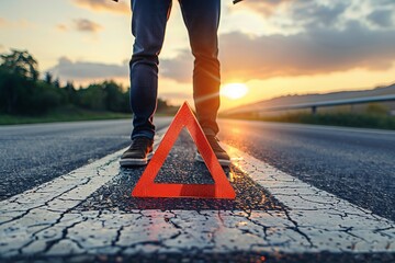 A man stands near an emergency triangle sign on a highway, close-up view