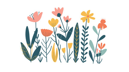 vector illustration of wildflowers, using simple shapes and lines, with flat colors