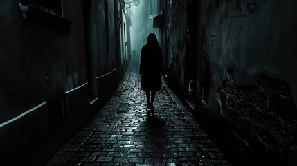 Shadowy Specter: Woman in Dark Alley, Watching from the Shadows - obrazy, fototapety, plakaty