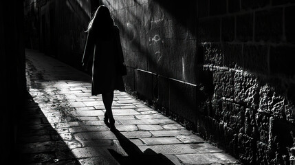 Shadowy Specter: Woman in Dark Alley, Watching from the Shadows - obrazy, fototapety, plakaty