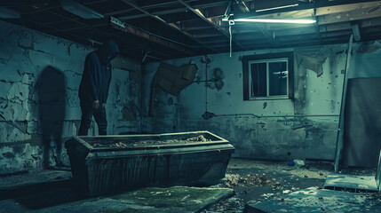 Dreadful Discovery: Person Uncovering a Coffin in a Dark Basement