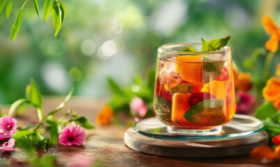 Summer fresh background with fruit tea and flowers