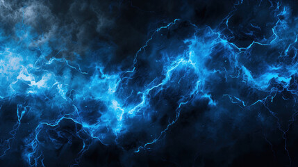 Abstract background of glowing blue lightning bolts in a dark stormy sky.