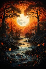 Mystical forest with a glowing river and a full moon.