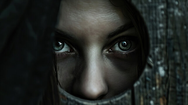 Sinister Stare: Woman with Dark Eyes, Peering Through a Keyhole