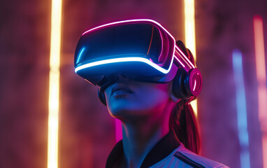 Woman wearing a futuristic VR headset, surrounded by neon colors - Virtual Reality Experience, Neon Technology.