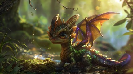 In the heart of an enchanted forest, amidst the lush greenery and sparkling streams, there resides a super cute rainbow little baby dragon.