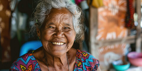 Portrait of an elderly Filipino woman smiling in front of her traditional village home in the Philippines