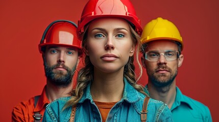 Confident female leader with construction team on International Workers' Day