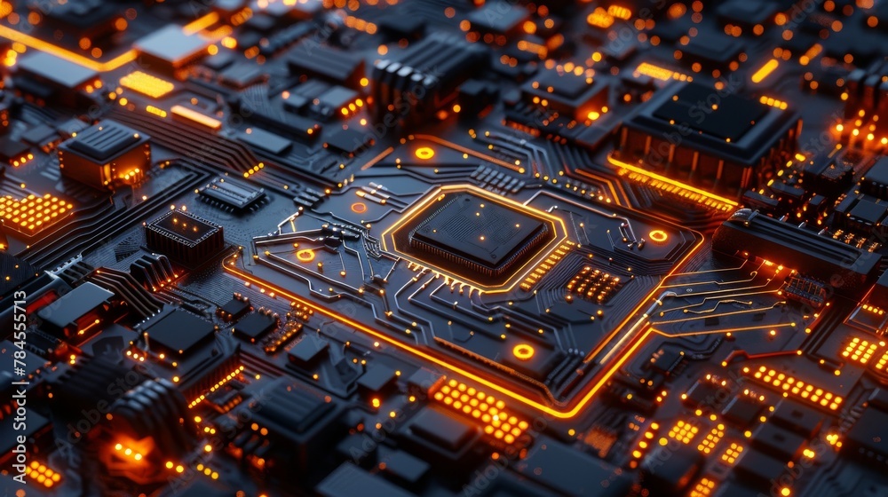 Poster An AI robot rendered in a 3D environment. A circuit board. Technology background. CPU and GPU CPUs and GPUs. Motherboard digital chips. Tech science background.......
