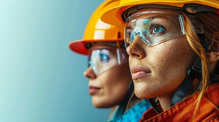 Female worker with team in orange safety helmets on Labor Day