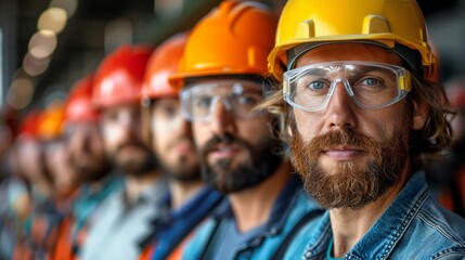 Team of dedicated workers with safety goggles and helmets