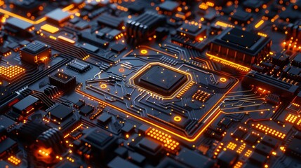 An AI robot rendered in a 3D environment. A circuit board. Technology background. CPU and GPU CPUs and GPUs. Motherboard digital chips. Tech science background.......
