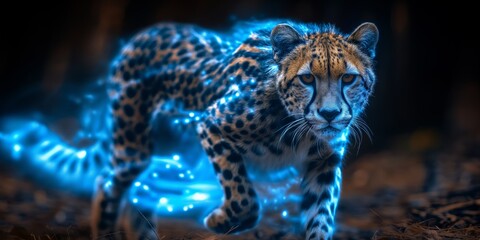 Light painting Photo of a cheetah with blue neon ight