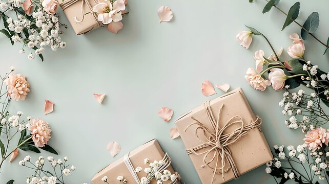 Three elegantly wrapped gift boxes with floral decorations, creating a serene and celebratory atmosphere