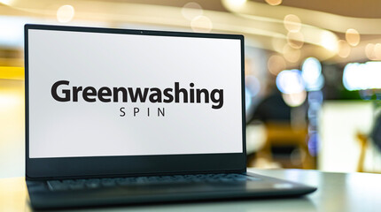 Laptop computer displaying the sign of Greenwashing - 784555907