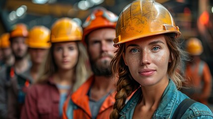 Female worker with team in orange safety helmets on Labor Day