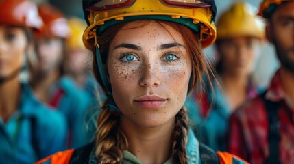 Female worker with team in orange safety helmets on Labor Day - 784555946