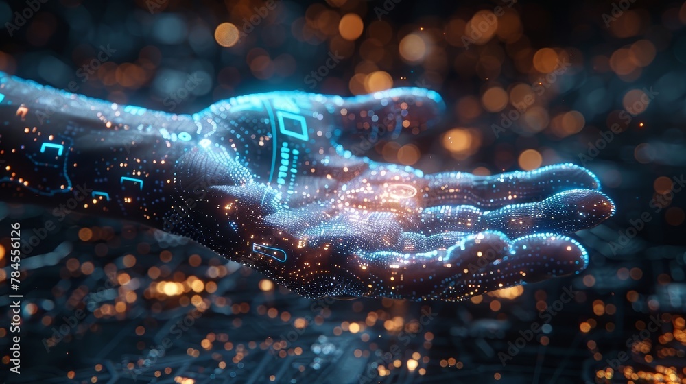 Fototapete Virtual reality or augmented reality abstract interface in hand of user, interacting with data infographics. VR technology conceptual background. Metaverse.