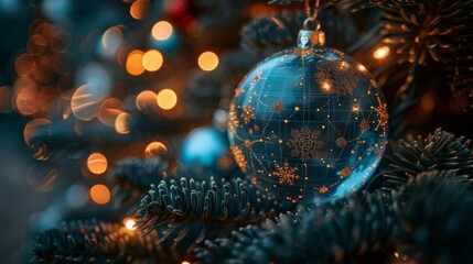 Card congratulating you for a successful year. Globe-shaped Christmas ball decoration on Christmas tree close up. New technology digital internet communication congratulation card. - obrazy, fototapety, plakaty