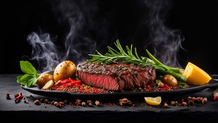 Steak with vegetables, garnished with spices, potatoes next to them