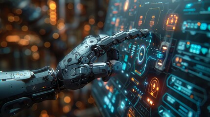 Using the index finger, the robot mechanical arm or hand presses the button, displaying a virtual holographic interface HUD on the touch screen. Artificial Intelligence futuristic design concept. 3D