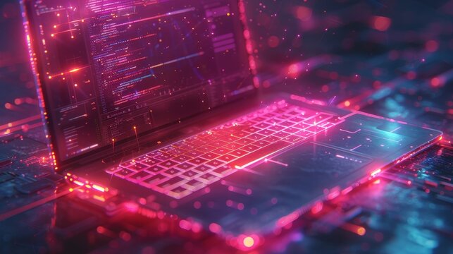 Development of software. Coding, programming, and testing on laptop. Icons of computer technology. Digital technology isometric concept.