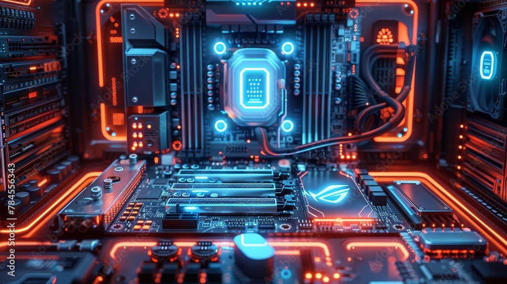 Poster Desktop computer upgrade and repair concept. Gaming computer glow in the dark table. LED-lighted computer parts inside computer case. 3d rendering of a computer case with glowing computer parts.