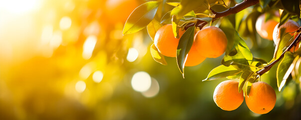 Orange tree branch, fruit orchard background with copy space