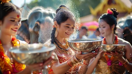 Vibrant Thai Songkran festival women in traditional silk dresses