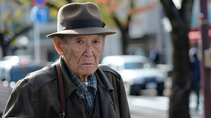 熱心な旅: 祈祷車を持つ日本の高齢男性、信仰の道を歩む.