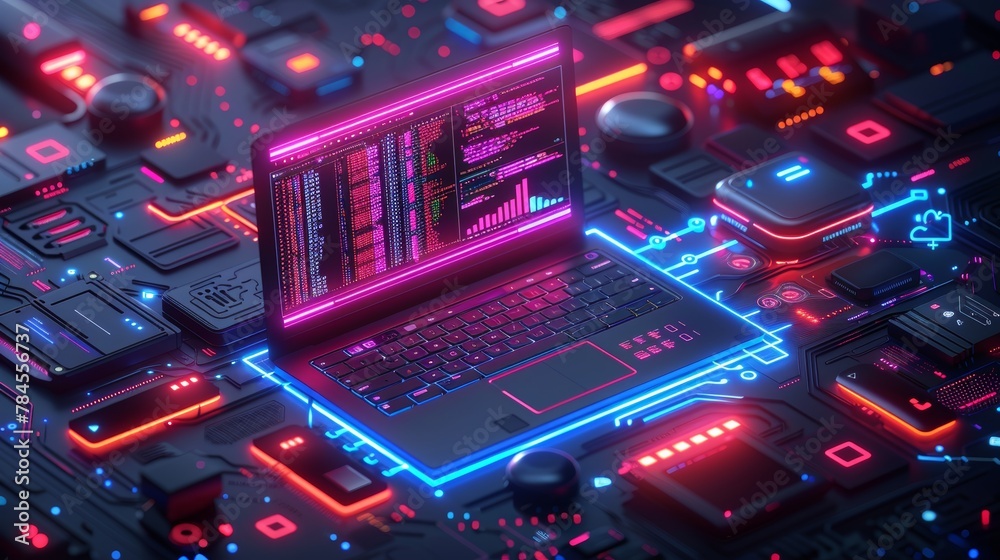 Leinwandbilder A laptop isometrically illustrated with software code on the screen, an internet connection with servers, a digital cloud, and hardware devices.