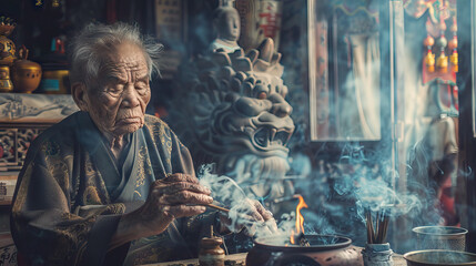 Obraz premium Ancient Devotion: Asian Elder with Incense, Honoring Ancestral Traditions.