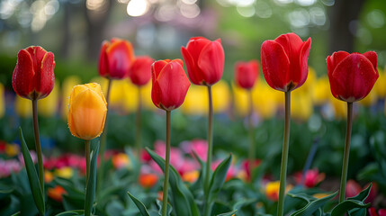 Fototapeta premium Vibrant Bloom: Red and Yellow Tulips in Spring