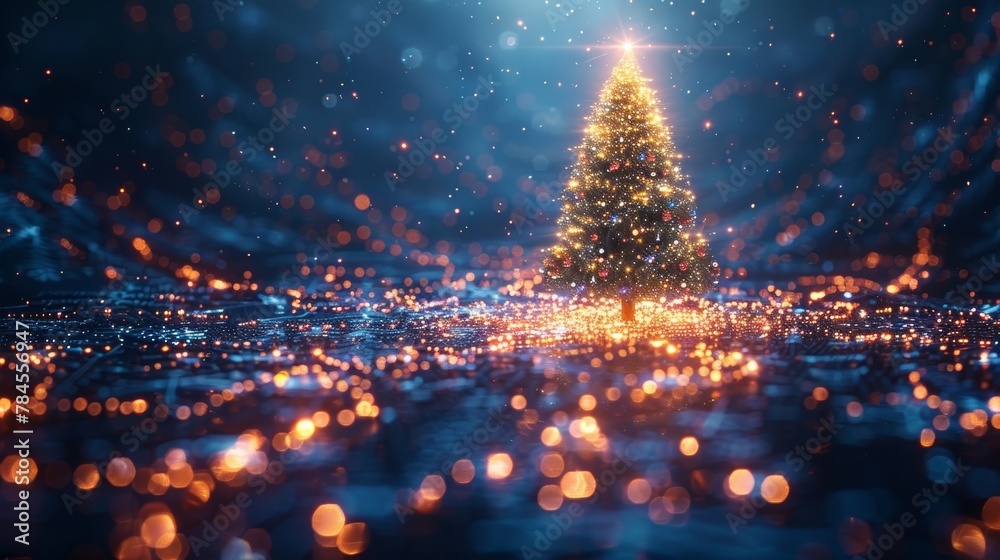 Poster christmas tree in a digital technology style. a celebration banner in a cyberpunk style. a christmas