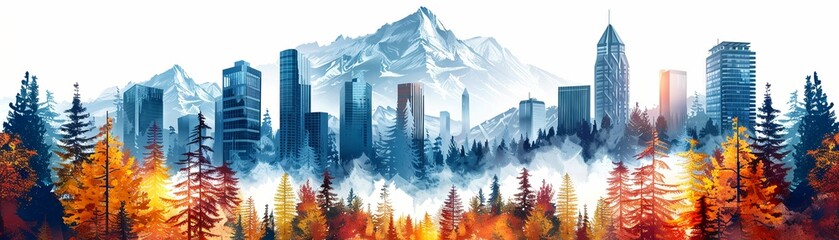 Animated cityscape with skyscrapers, coniferous forest, mountain, on white, text space