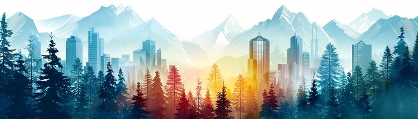 Animated urban towers, coniferous forest and mountains, on white background, illustrative, text space