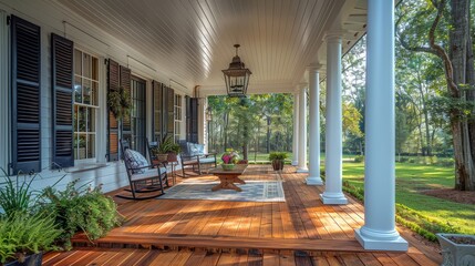 Cozy Front Porch with Light Brown Wood Floor, White Columns, and Classic Charm - obrazy, fototapety, plakaty
