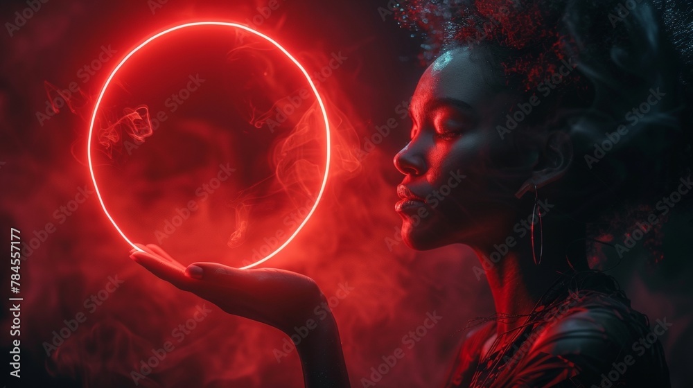 Poster Abstract circle light hanging over palm of scientist with futuristic round red neon frame over it. Template banner for technological presentation with place for logo. Future science background.