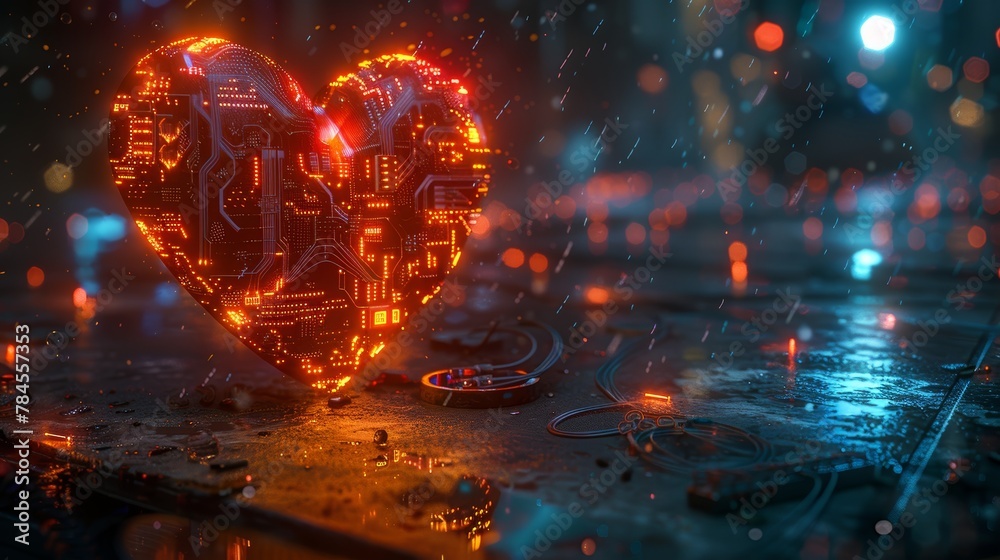 Aufkleber 3d rendering of love heart technology in heart shapes over podium. valentines day digital blue backg